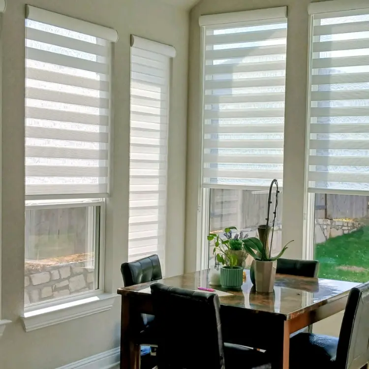 White zebra shades in a Texas dining nook