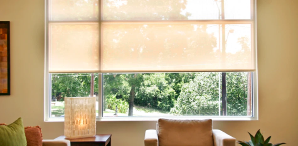 Sheer cream roller shades over a wide living-room window