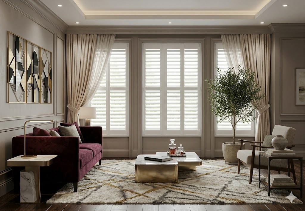Custom plantation shutters and drapes in a Texas living room