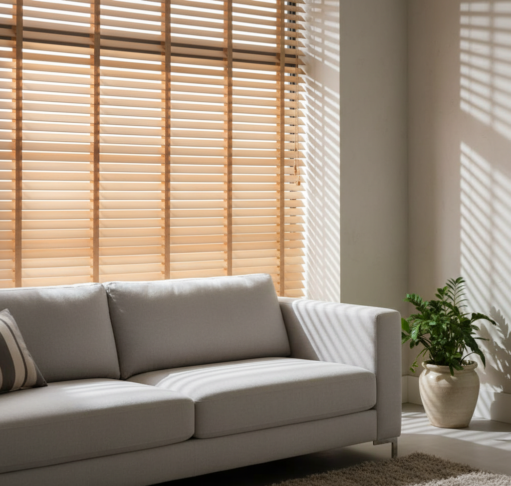 Modern horizontal blinds in a contemporary living room