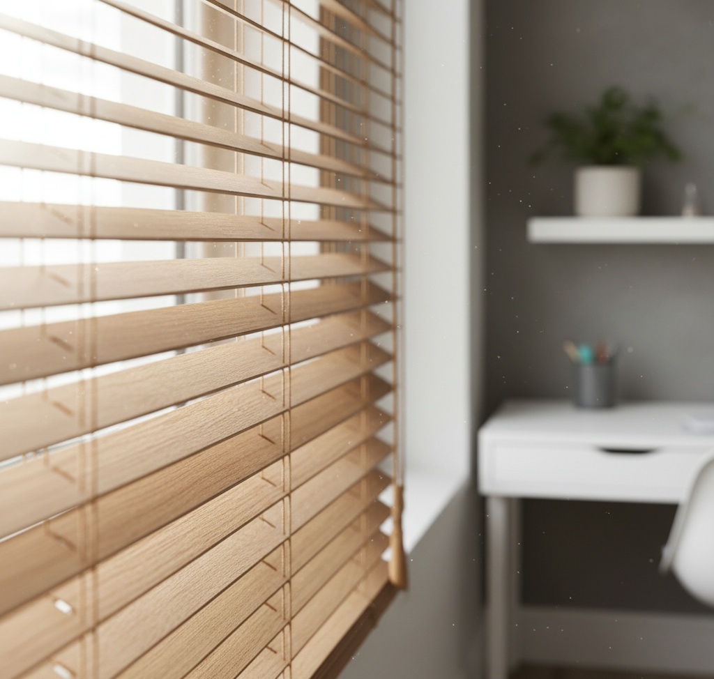 Wood-grain horizontal blinds in a home office