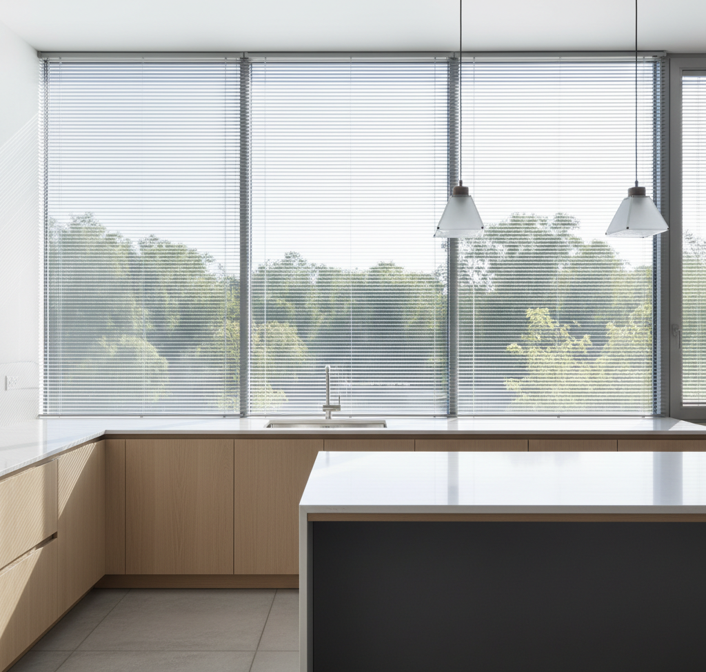Aluminum horizontal blinds in a contemporary kitchen