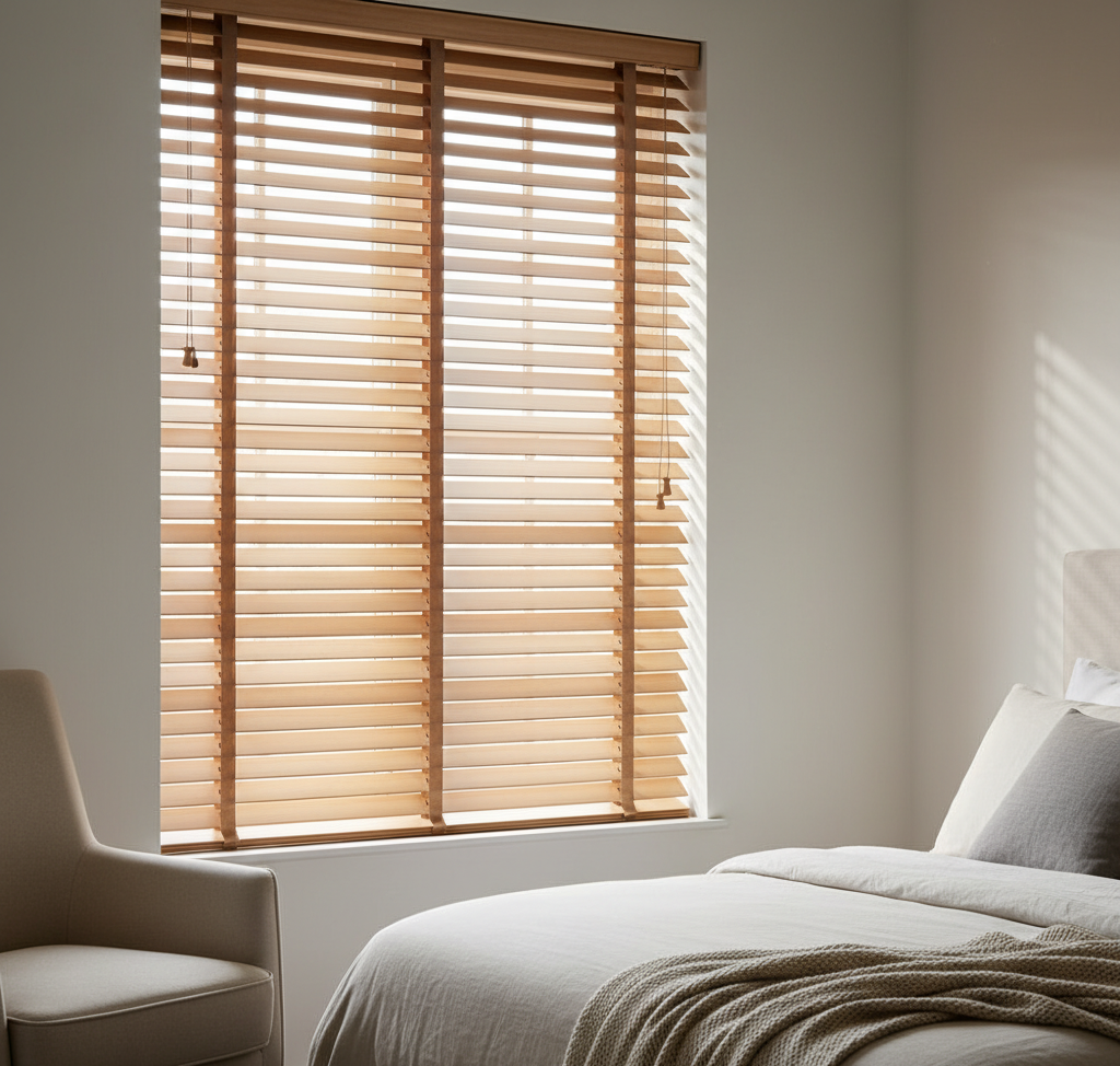 Horizontal slat blinds in a bedroom setting