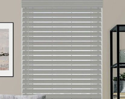 Gray horizontal blinds in a room